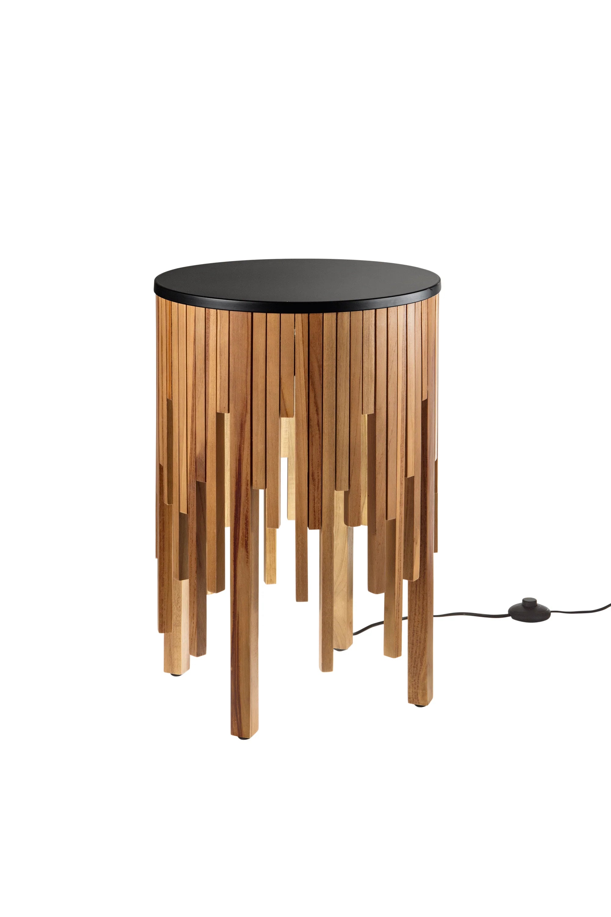 Tavolino con luce integrata 1XGU10 led in listelli di legno artigianale e base nera KENGO Tavolino con luce integrata 1XGU10 led in listelli di legno artigianale e base nera KENGO